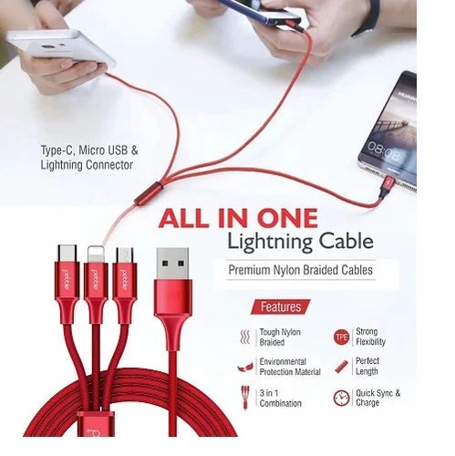 3 in 1 USB Fisrt Charging Cable ( Compatible with Type C, Apple, iPad etc )